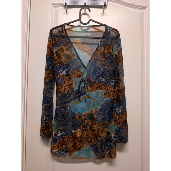 Unbranded Tops - Vintage Blue Brown Paisley Sheer Mesh Tie Front V-Neck Long Sleeve Fairy Boho